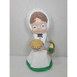 Vintage Pilgrim Smiley Girl Thanksgiving Ceramic Figurine Atlantic Mold (12.5")